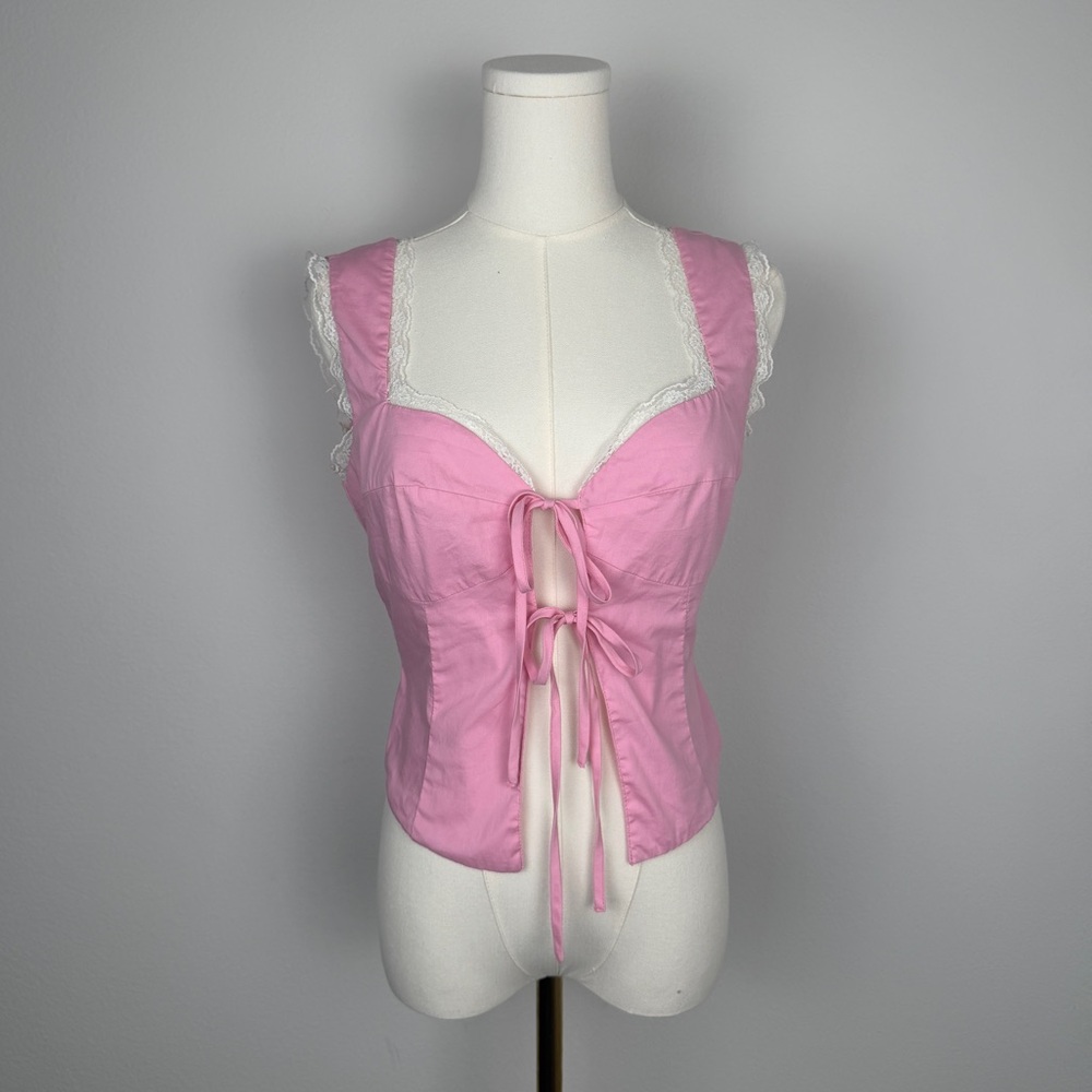 Pink Lace-Trim Tie-Front Tank Top
